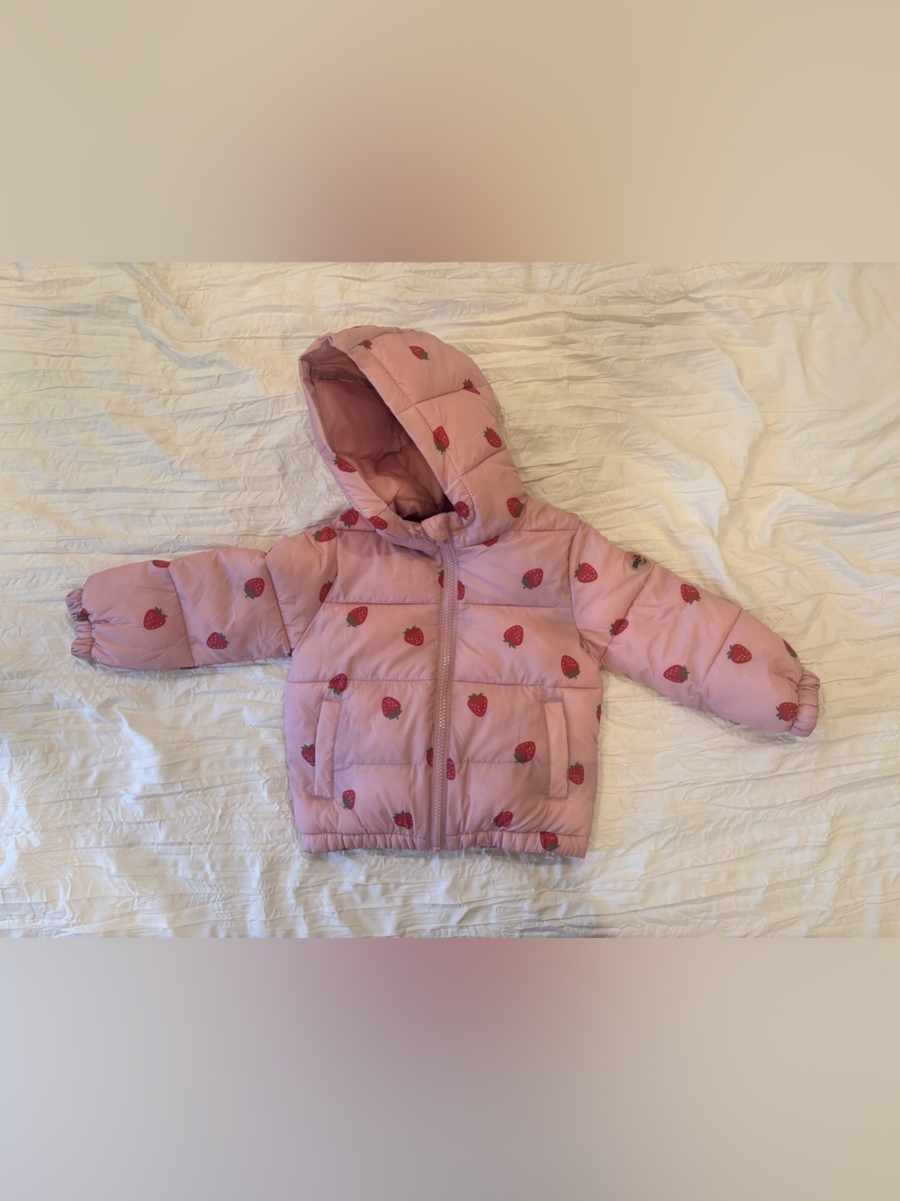 Miles the Label Pink Strawberry Print Hooded Puffer Jacket for Kids
